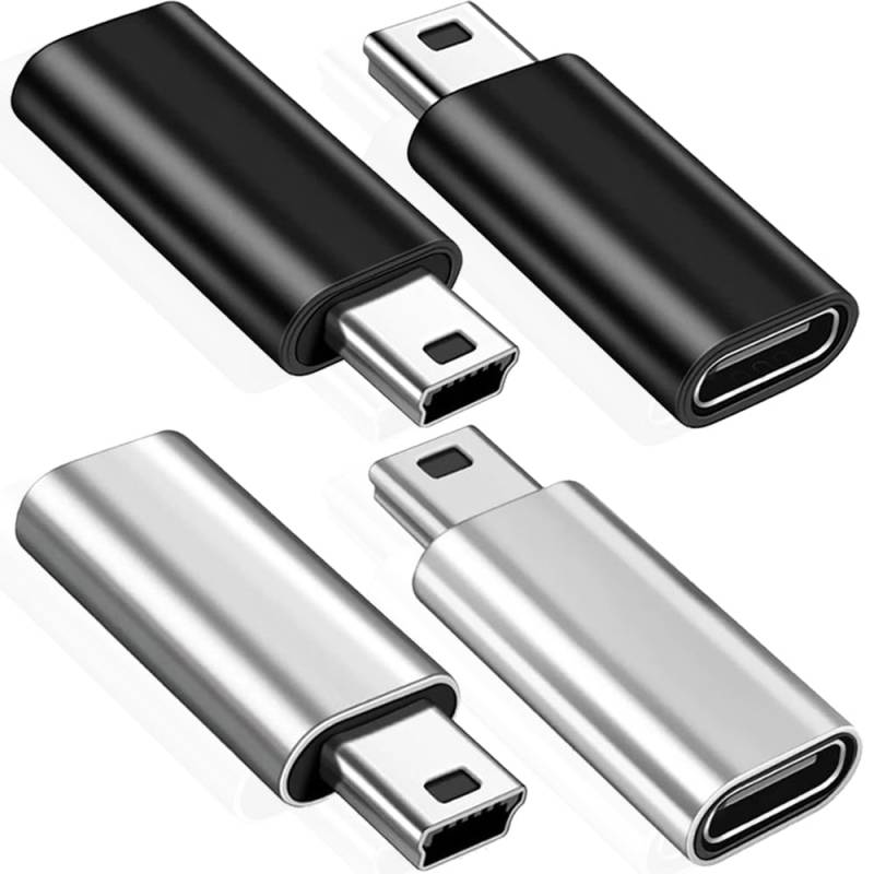 Xiatiaosann Mini-USB 2.0-auf-USB-C-Adapter, USB-Typ-C-Buchse auf Mini-USB-Stecker, Konverteranschluss, unterstützt Laden und Übertragen von Daten, Mini-USB-Adapter (4er-Pack, Schwarz und Silber) von Xiatiaosann