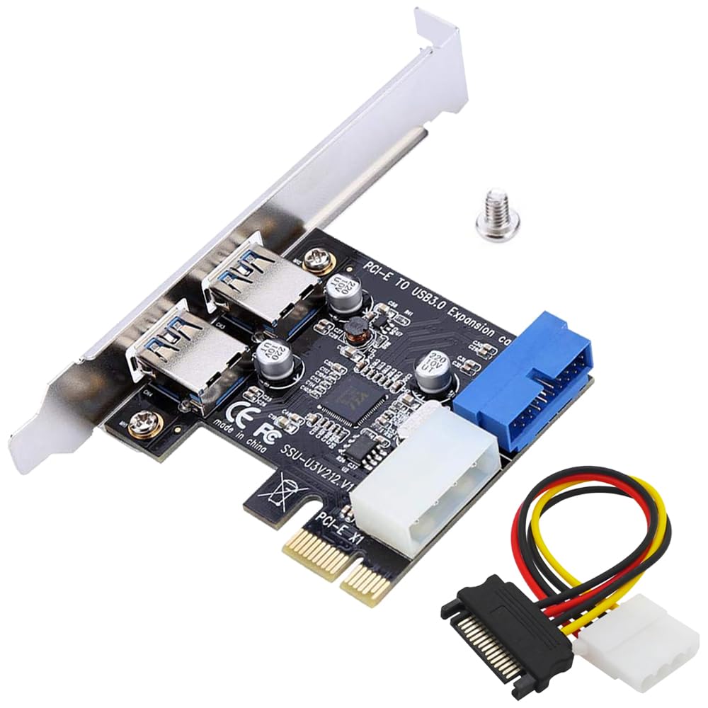 Xiatiaosann PCI-E zu USB 3.0 PCI Express-Karte, 2 x 5 Gbit/s USB A-Anschlüsse PCI Express-Karte für Windows, für Desktop, mit 6-Zoll-SATA-zu-LP4-Stromkabeladapter von Xiatiaosann