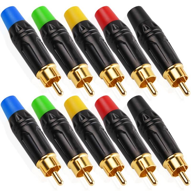 Xiatiaosann RCA Lötstecker, 24K Vergoldeter Audio-Phono-Video-Lötstecker, Cinch-Buchsen Kabelanschluss für Lautsprecher, Soundsysteme, Verstärker (RCA-Stecker, 5-farbig, 10er-Pack) von Xiatiaosann