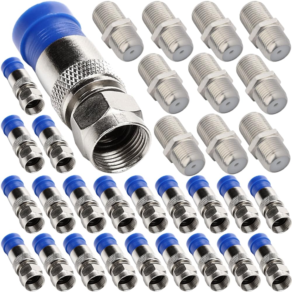 Xiatiaosann RG6 Kompression F-Typ gerade Antennenkabelstecker, F-Typ Koaxialkabel Koax Konverter Draht Stecker Adapter, mit F-Typ Buchse zu Buchse Adapter (20 Pack) von Xiatiaosann