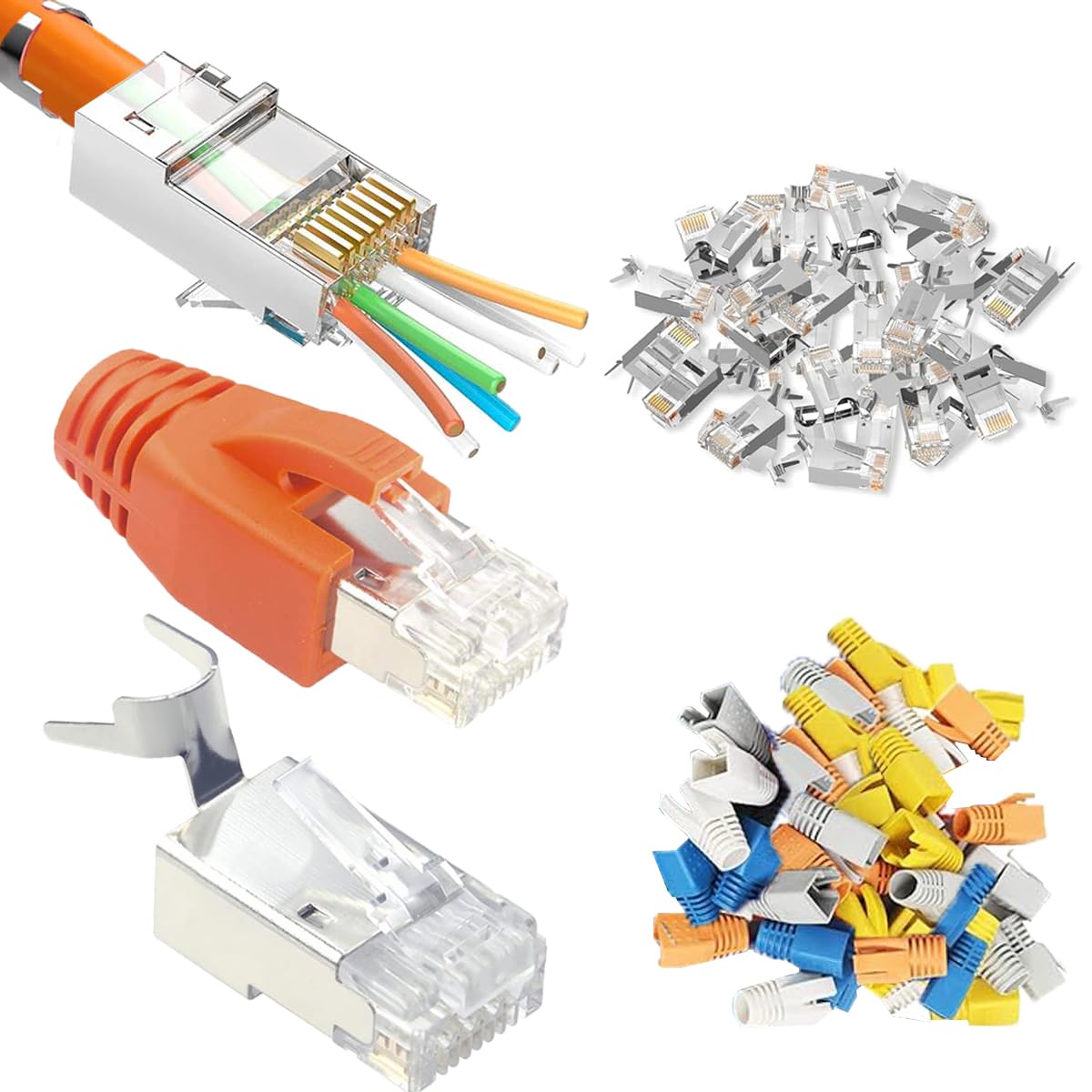 Xiatiaosann RJ45 Cat6A Cat7 Stecker Pass Durchgang, 8P8C Netzwerkstecker Geschirmt für 23AWG Ethernet Kabel, FTP/STP Litzen-Ethernet-Kabel und Volldraht mit RJ45-Buchsen Abdeckung 50er Set von Xiatiaosann