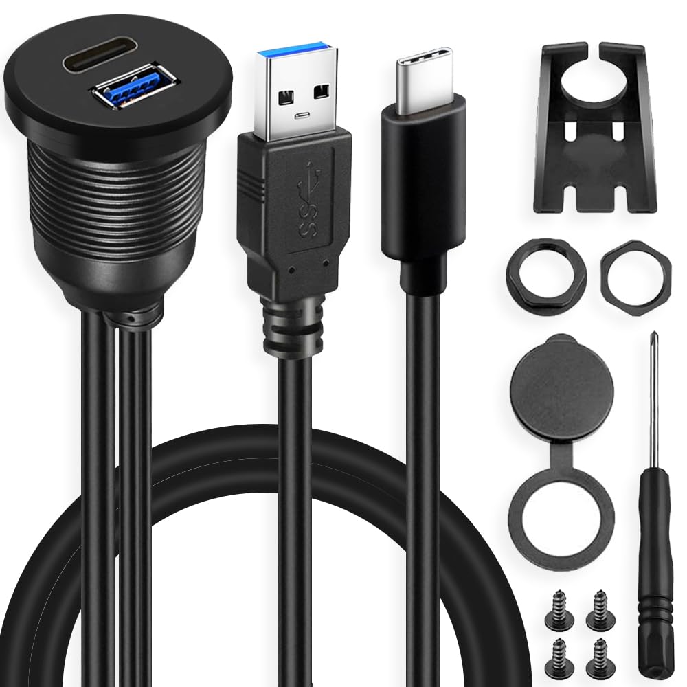 Xiatiaosann Typ-C 3.0- und USB 3.0-Unterputzkabel, USB-C- und USB-A-Anschlüsse, Buchse auf Stecker, Verlängerungskabel für die Schalttafelmontage mit Zubehör für die Unterputzmontage im Auto (1 m) von Xiatiaosann