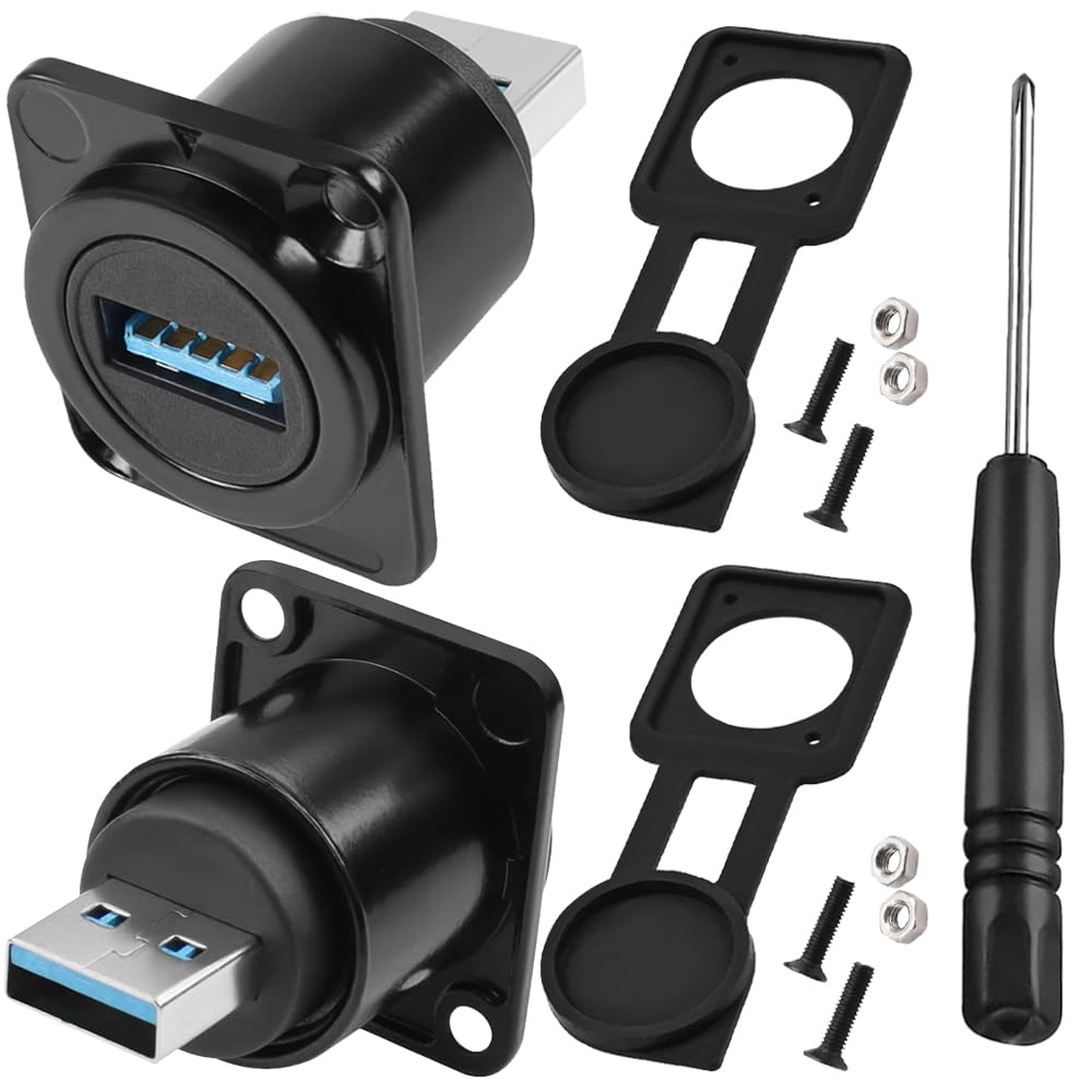 Xiatiaosann USB 3.0-Stecker auf Buchse für Panelmontage, USB 3.0 D-Typ-Kupplungsbuchse, USB-Pass-Through-Stecker mit wasserdichter Abdeckung, Schraubendreher (2 Stück) von Xiatiaosann