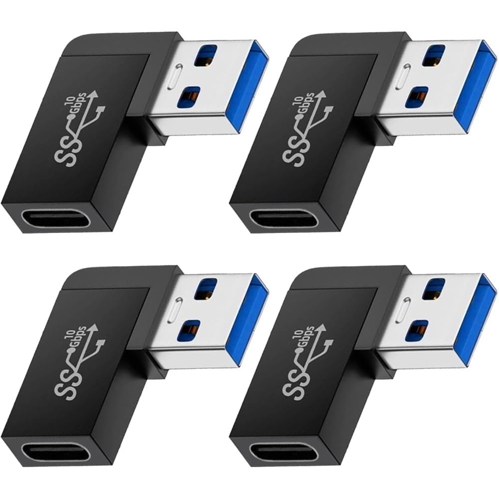 Xiatiaosann USB 3.0 zu USB C 90 Grad Adapter, USB A 3.0 Stecker zu Typ-C Buchse rechtwinkliger Konverter, 10 Gbps OTG Adapter kompatibel mit Macbook, Typ-C Telefon (4 Pack) von Xiatiaosann