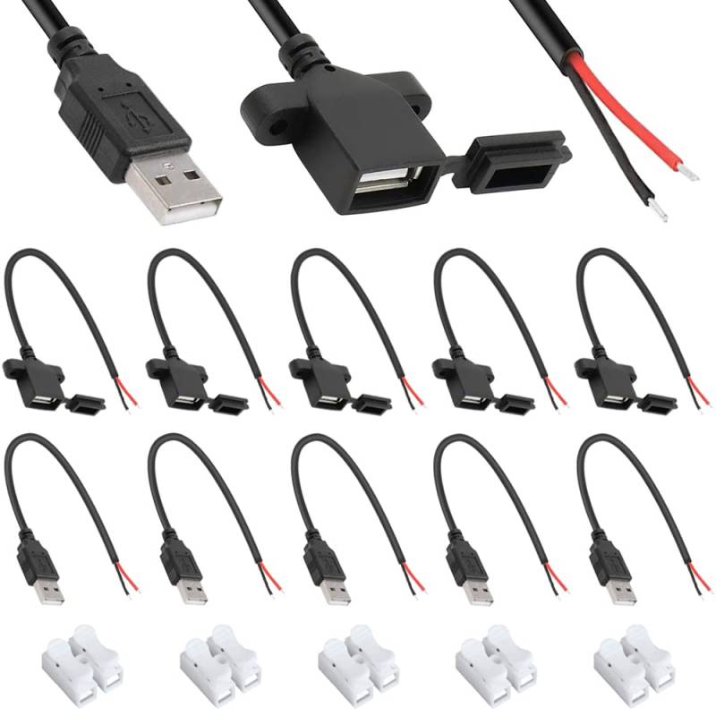 Xiatiaosann USB-Buchse 2-poliger blanker Draht mit staubdichter Kappe und USB-Stecker 2-poliger blanker Draht, USB 2.0 Stromdatenkabel, mit Drahtkappen, Federdrahtverbinder (25 Stück) von Xiatiaosann