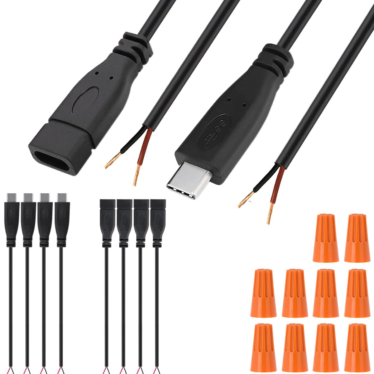 Xiatiaosann USB C Kabel USB Anschluss DIY lötbares 2-Draht-Netzteil-Verlängerungskabel Ladegerät-Anschlussstecker 2-polige Leitung für Arduino, LED-Streifen, 4 Stück USB-Stecker + 4 Stück USB-Buchse von Xiatiaosann