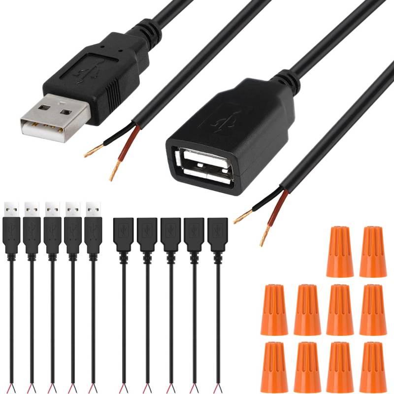 Xiatiaosann USB Stecker Lötbar Stromkabel USB 2.0 Typ A Buchse Stecker Kabel auf 2 Pin Jack Open Wire Ladegerät Ladekabel endet Power DIY Pigtail 5V Leitung, 5 Stück USB-Stecker + 5 Stück USB-Buchse von Xiatiaosann