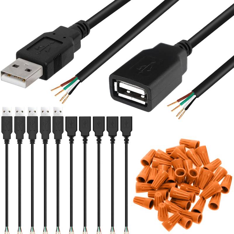 Xiatiaosann USB Stecker Lötbar Stromkabel USB 2.0 Typ A Buchse Stecker auf 4 Pin Jack Open Wire Ladekabel endet Power DIY Pigtail 5V Datenleitung für Arduino LED, 10 Stück von Xiatiaosann