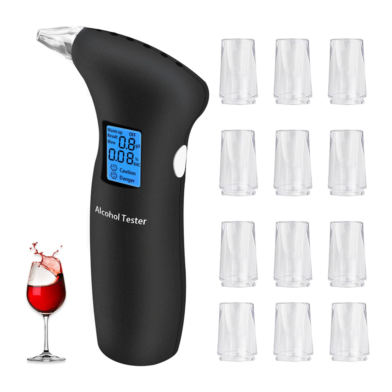 Xinlie Alkoholtester mit 12 Mundstücken. Professioneller Alkoholtester mit digitalem LCD-Bildschirm und Halbleitersensor Bluescreen-Alkoholtester, Atemalkoholtester, Blauer Bildschirm von Xinlie