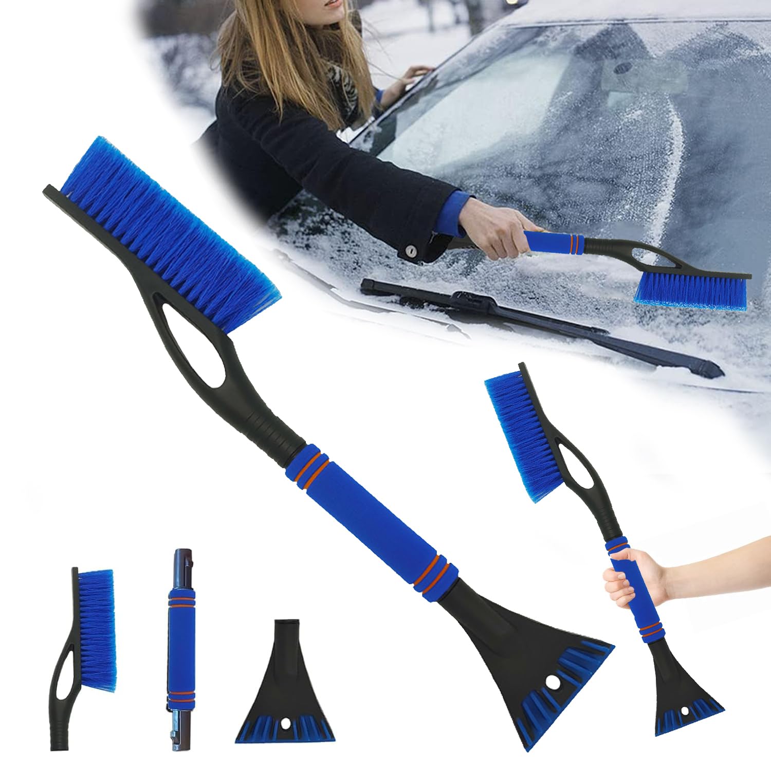 Xiujuers Eiskratzer Auto mit Besen, 60CM Scheibenkratzer Auto mit Schaumstoffgriff, 2 in1 Auto Schneebesen, Eiskratzer mit Besen, Car Snow Brush, Auto Schneebürste für Auto, SUV, LKW (Blau) von Xiujuers