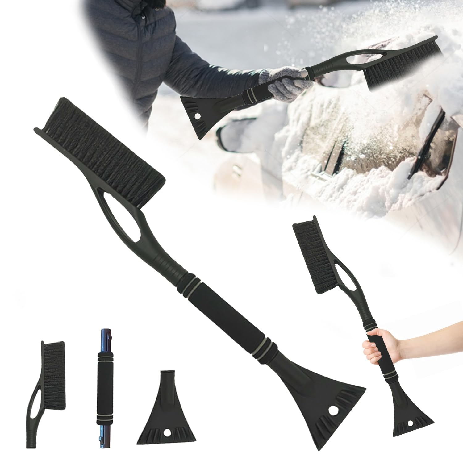 Xiujuers Eiskratzer Auto mit Besen, 60CM Scheibenkratzer Auto mit Schaumstoffgriff, 2 in1 Auto Schneebesen, Eiskratzer mit Besen, Car Snow Brush, Auto Schneebürste für Auto, SUV, LKW (Schwarz) von Xiujuers