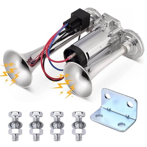 lkw Hupe 12v Extrem Laut Kompressor Druckluft Horn Hupe, Doppelrohr-Elektropumpe mit Metallverbund Lufthorn für Autos LKWs Züge Boote Schiffe Motoren von Xnlonby