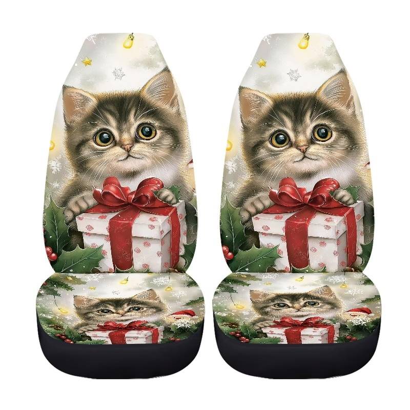 Xoenoiee Autositzbezüge, Motiv: niedliche Katze, Weihnachtsdruck, komplettes Set mit 2 Fahrzeugschonern, Vordersitzbezüge, dehnbar, waschbar, Autozubehör, Schalensitzbezug von Xoenoiee