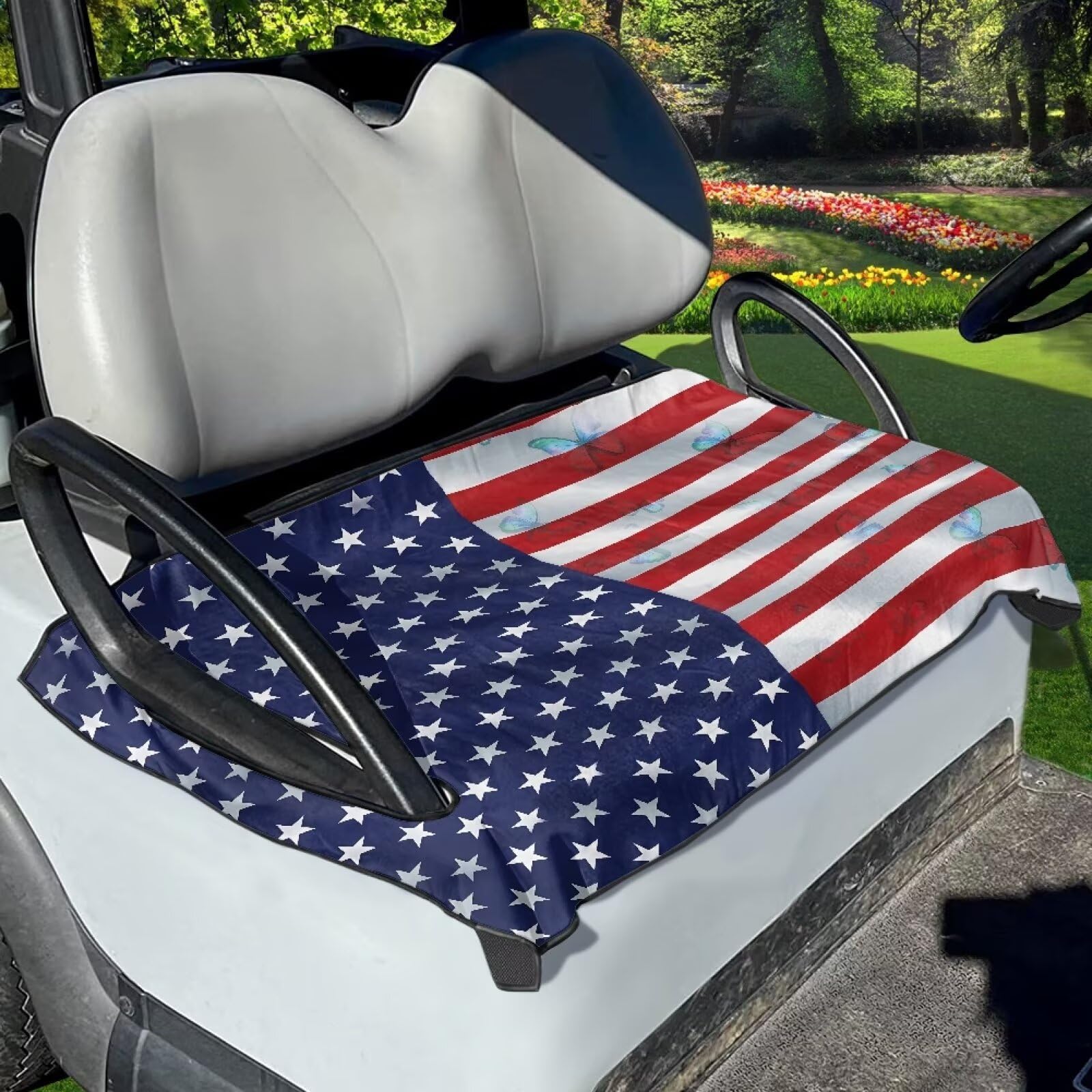 Xoenoiee Autositzbezug mit amerikanischer Flagge und Schmetterlings-Druck, Golfwagen-Sitzbezüge, schützt Ihren Golf-Autositz vor Flecken und Schweiß von Xoenoiee