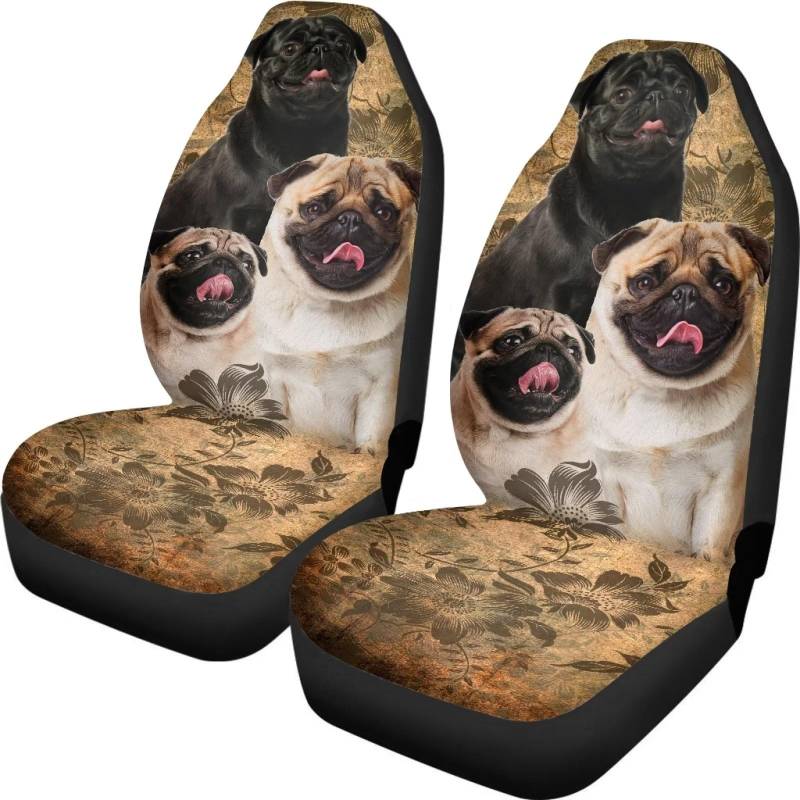 Xoenoiee Floral Mops Hund Druck Auto Sitzbezüge Vordersitze Nur 2 Stücke Auto Innen Protector Auto Eimer Sitzbezug Anti-Rutsch Auto Sitzbezüge von Xoenoiee