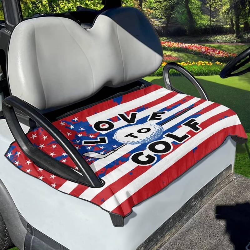 Xoenoiee Golfwagen-Sitzbezug mit amerikanischer Flagge, für alle Jahreszeiten, passend für Golfwagen-Sitz, Motiv: Love To Golf, Golfwagen-Sitzkissen für 2 Personen von Xoenoiee