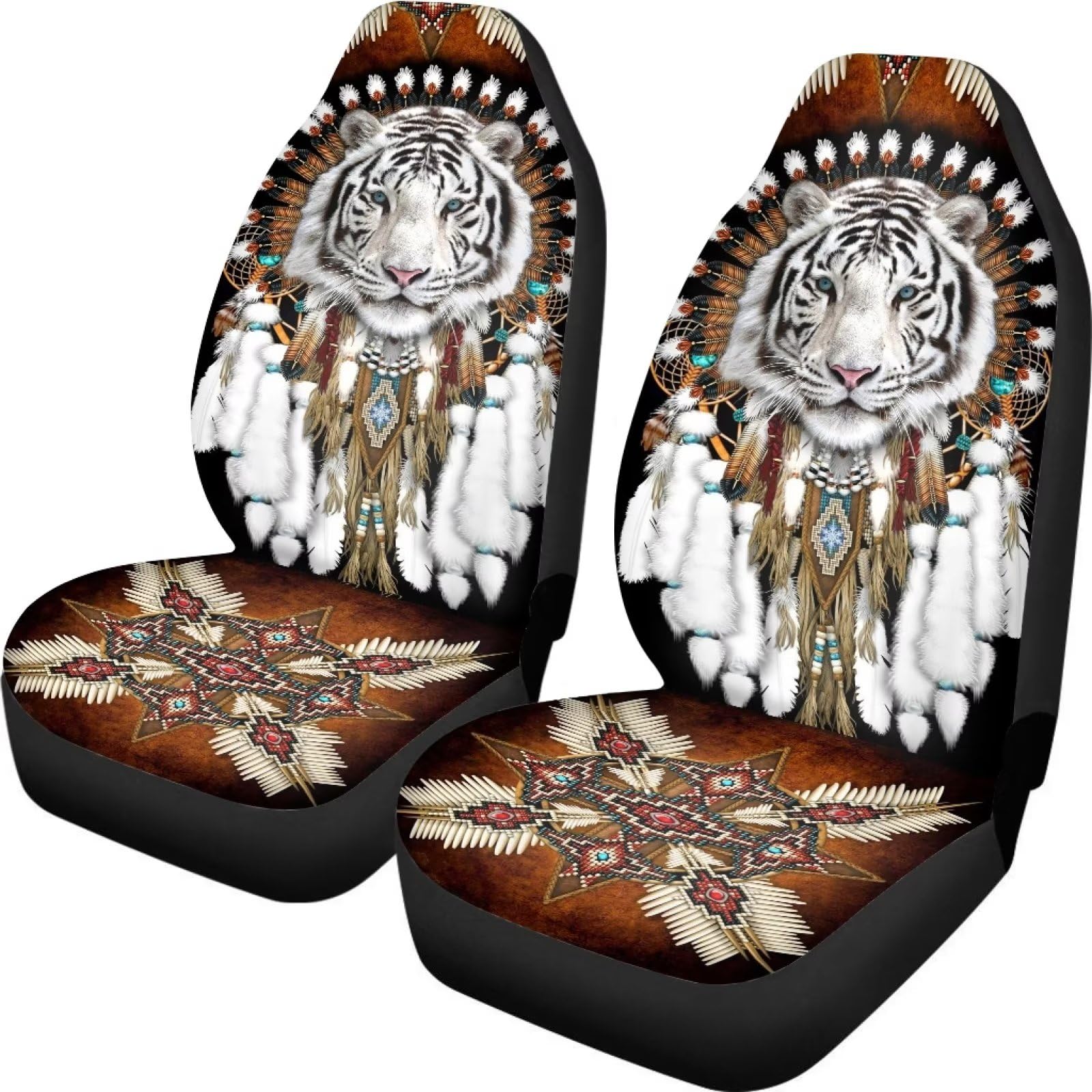 Xoenoiee Indian Tribe White Tiger Print Auto Sitzbezüge Full Set von 2 Fahrzeug Protector Vordersitze Bezüge Dehnbar Waschbar Auto Zubehör Eimer Sitzbezug von Xoenoiee