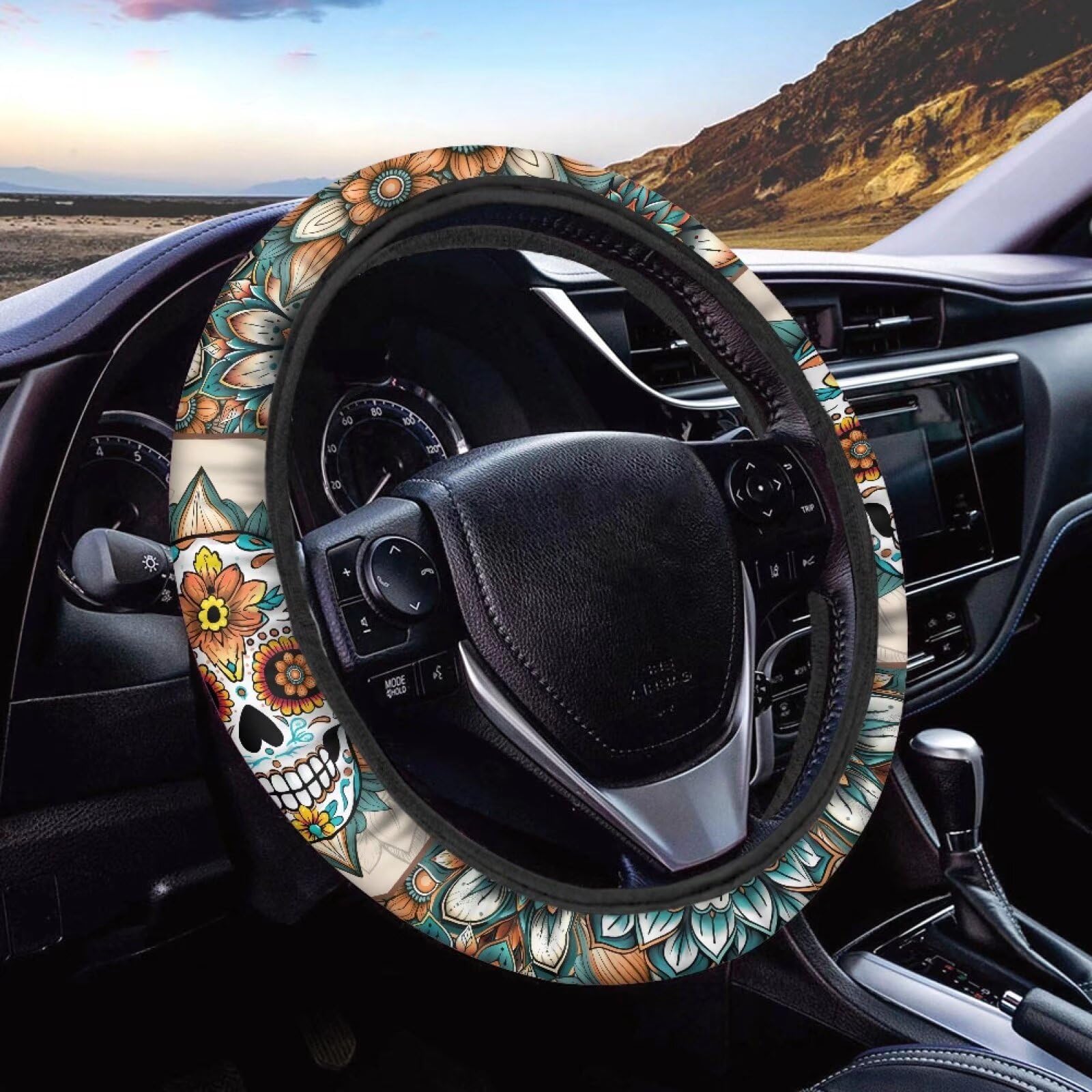 Xoenoiee Lenkradbezug mit Boho-Mandala-Totenkopf-Druck, universal, 38,1 cm, atmungsaktiv, rutschfest, Auto-Innenzubehör für Männer und Frauen von Xoenoiee