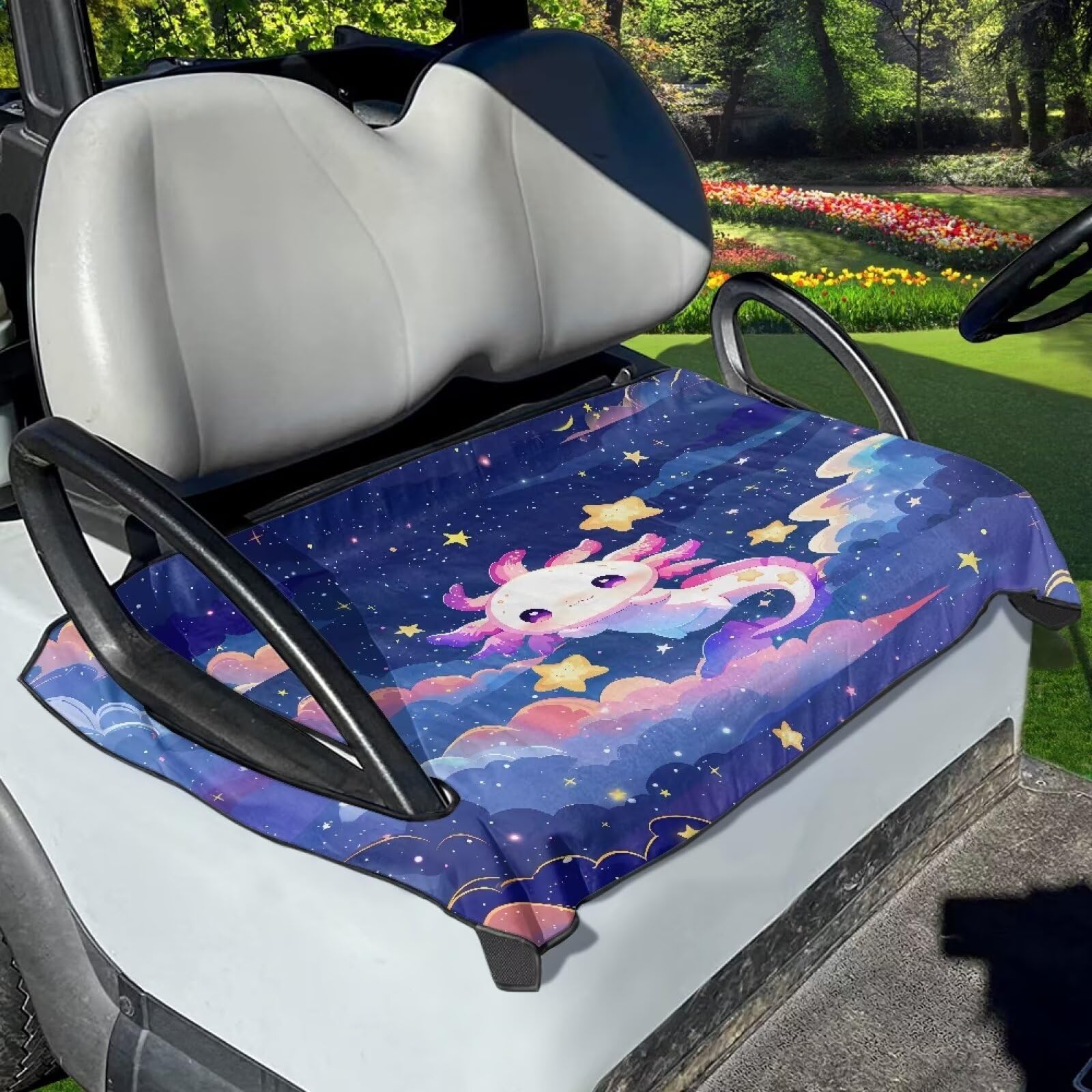 Xoenoiee Niedlicher Axolotl Galaxie-Druck Golfwagen-Essentials, Golfwagen-Sitzbezug, leichte Golfdecke, Golfwagen-Zubehör, Club-Autositzbezüge von Xoenoiee