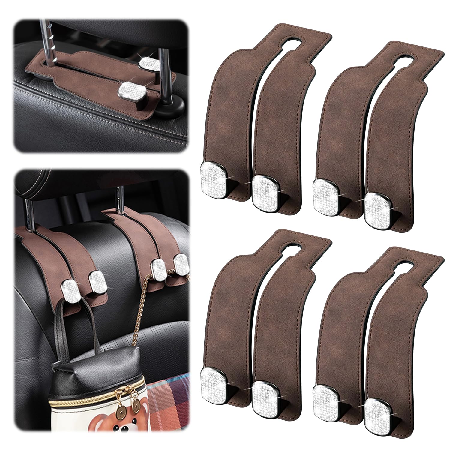 XoiesLAuto Autositz Kopfstütze Haken Leder Riemen Bohrer,2 in 1 Leder Autositz Organizer Haken,360 ° drehbar Auto Kopfstütze Haken für Auto Handtasche Kleidertasche(4braun bohren) von XoiesLAuto