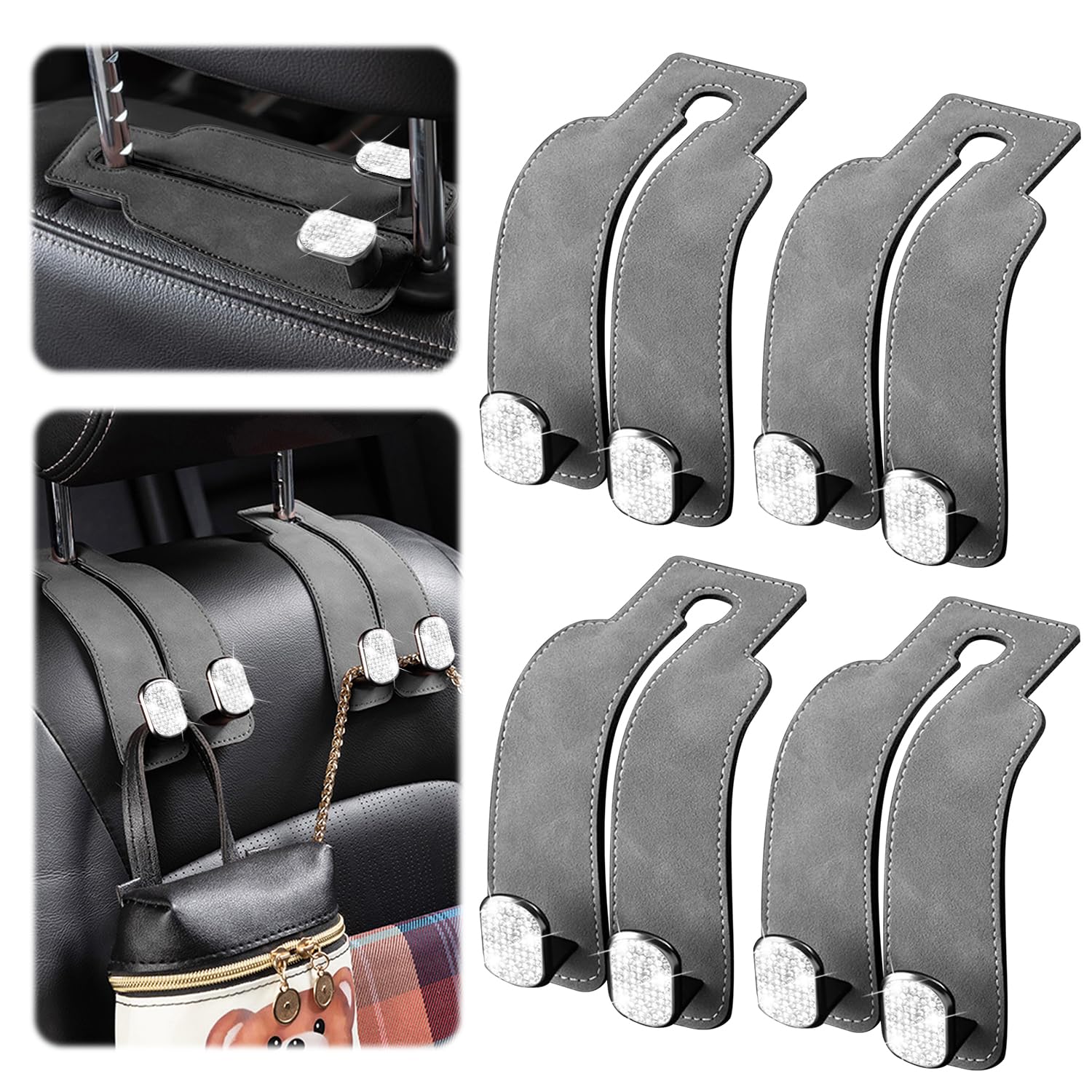 XoiesLAuto Autositz Kopfstütze Haken Leder Riemen Bohrer,2 in 1 Leder Autositz Organizer Haken,360 ° drehbar Auto Kopfstütze Haken für Auto Handtasche Kleidertasche(4grau bohren) von XoiesLAuto