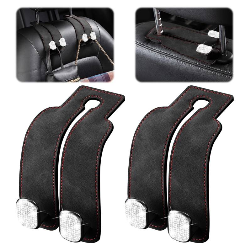 XoiesLAuto Autositz Kopfstütze Haken Leder Riemen Bohrer,2 in 1 Leder Autositz Organizer Haken,360 ° drehbar Auto Kopfstütze Haken für Auto Handtasche Kleidertasche (2schwarz bohren) von XoiesLAuto