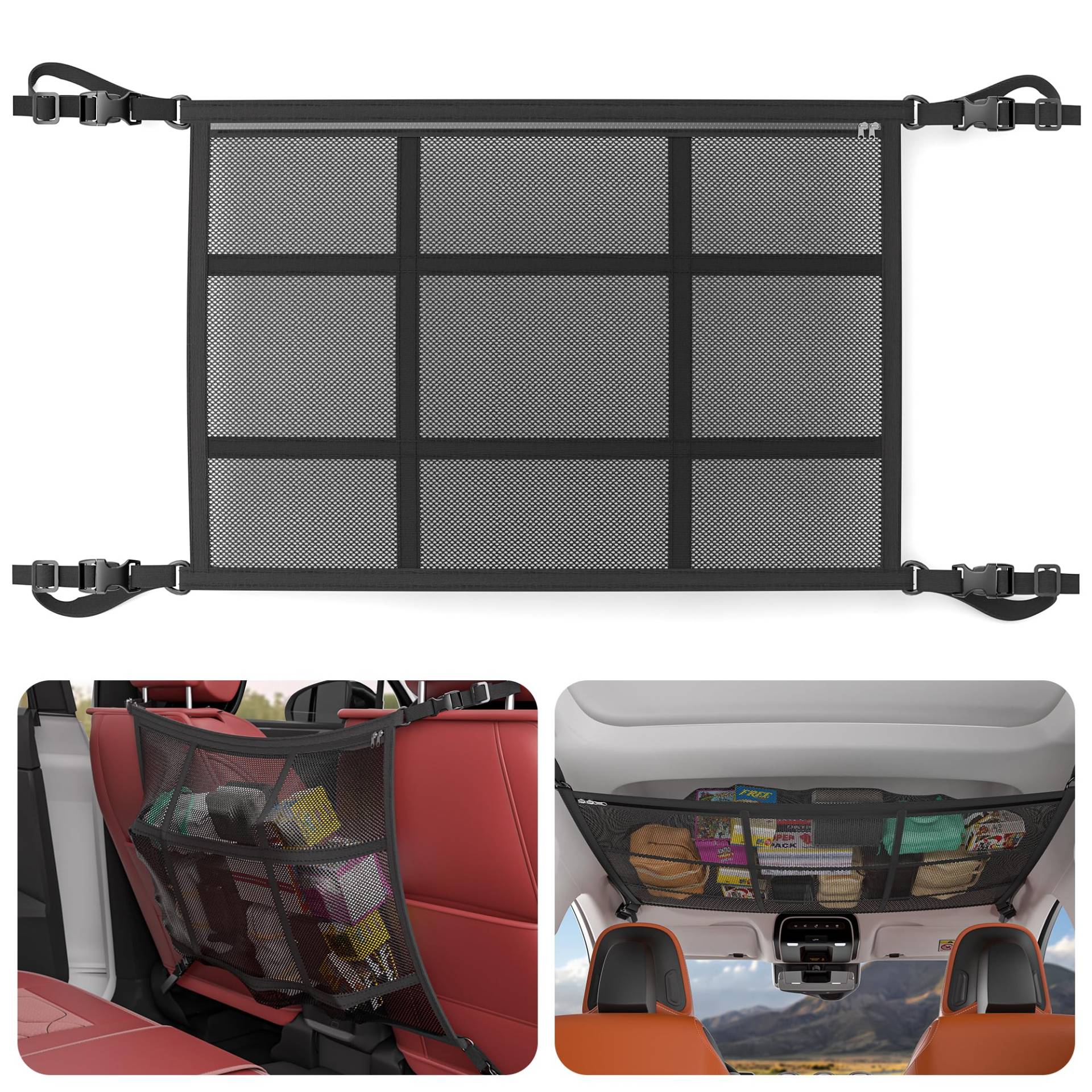 XoiesLAuto Gepäcknetz Auto(90x65CM),Doppelschicht Gepäcknetz Auto Aufbewahrung für Decken,Universal Autodach Gepäcknetz Decke mit Reißverschluss für SUV,Jeep,Van von XoiesLAuto