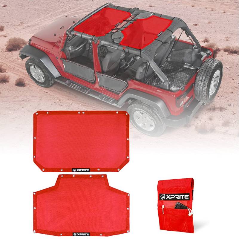 Xprite Sonnenschutz kompatibel mit Jeep Wrangler JK JKU 2007–2018, Front und Heck, Netz-Sonnenschutz, blockiert UV-Strahlen, mit extra Aufbewahrungstasche, Rot von Xprite