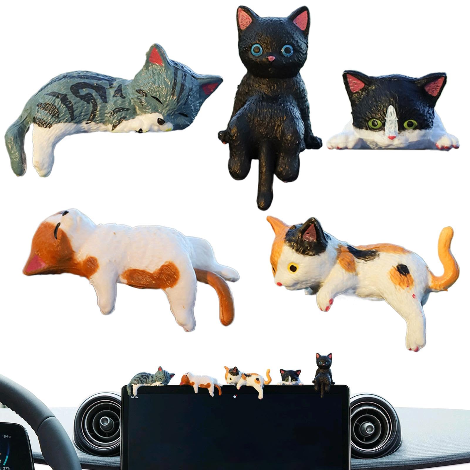 Xtauaguh Tier-Armaturenbrett-Dekorationen, Auto-Display-Dekoration - Cartoon-Katzen-Dekor für den Bildschirm - Multifunktionale Fahrzeugdekorationen, Rückspiegelzubehör für den Heimtisch von Xtauaguh