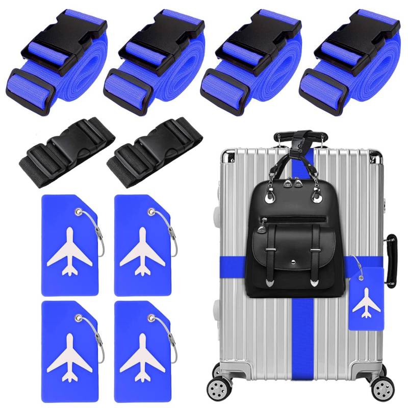 4 Stück Koffergurt & 4 Stück Kofferanhänger & 2 Stück Fügen Sie Eine Tasche Gepäckgurte Hinzu, Kofferband Gurt, Einstellbare Kofferbänder, Auffällig Luggage Strap für Koffer (Blau) von Xummi