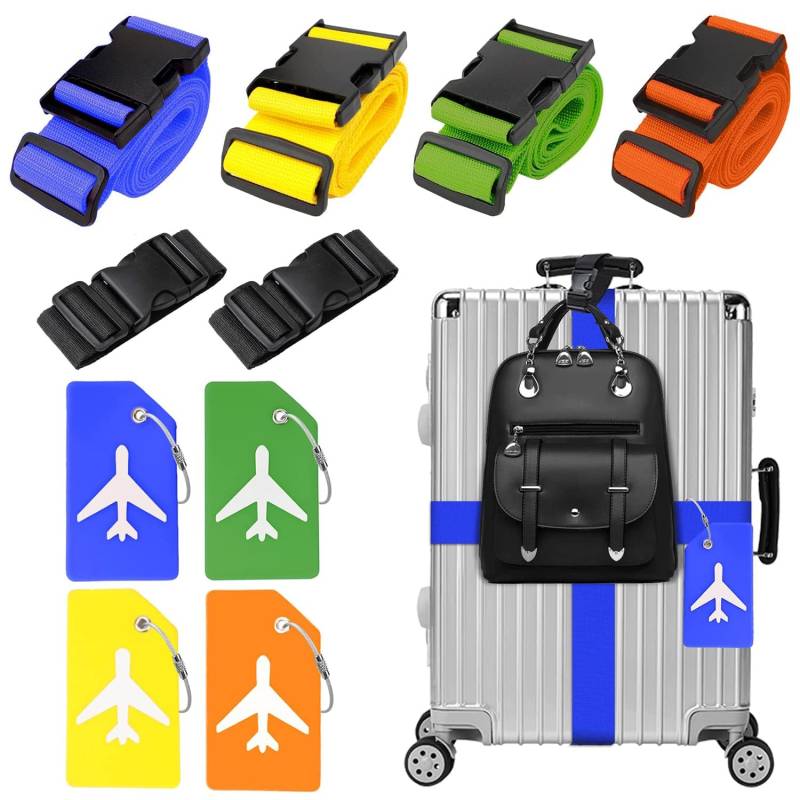 4 Stück Koffergurt & 4 Stück Kofferanhänger & 2 Stück Fügen Sie Eine Tasche Gepäckgurte Hinzu, Kofferband Gurt, Einstellbare Kofferbänder, Auffällig Luggage Strap für Koffer (Gemischte Farben) von Xummi