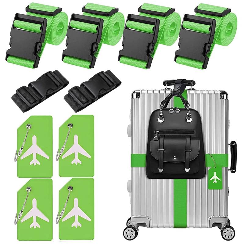 4 Stück Koffergurt & 4 Stück Kofferanhänger & 2 Stück Fügen Sie Eine Tasche Gepäckgurte Hinzu, Kofferband Gurt, Einstellbare Kofferbänder, Auffällig Luggage Strap für Koffer (Grün) von Xummi