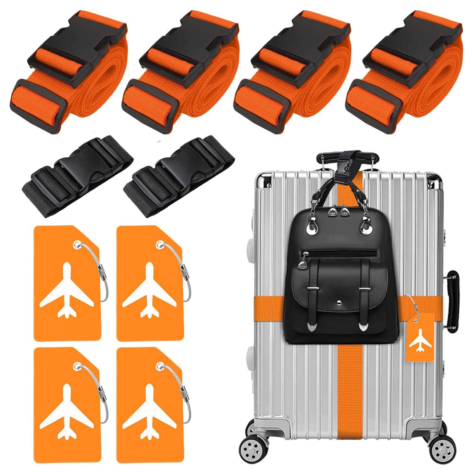 4 Stück Koffergurt & 4 Stück Kofferanhänger & 2 Stück Fügen Sie Eine Tasche Gepäckgurte Hinzu, Kofferband Gurt, Einstellbare Kofferbänder, Auffällig Luggage Strap für Koffer (Orange) von Xummi