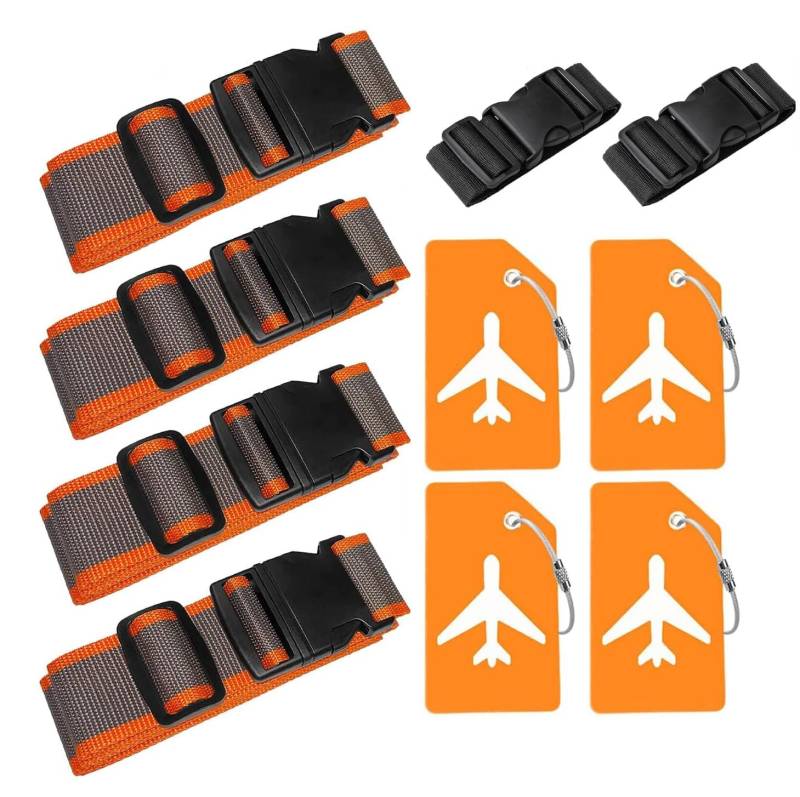 4 Stück Koffergurt & 4 Stück Kofferanhänger & 2 Stück Fügen Sie Eine Tasche Gepäckgurte Hinzu, Kofferband Gurt, Einstellbare Kofferbänder, Auffällig Luggage Strap für Koffer (Orange grau) von Xummi