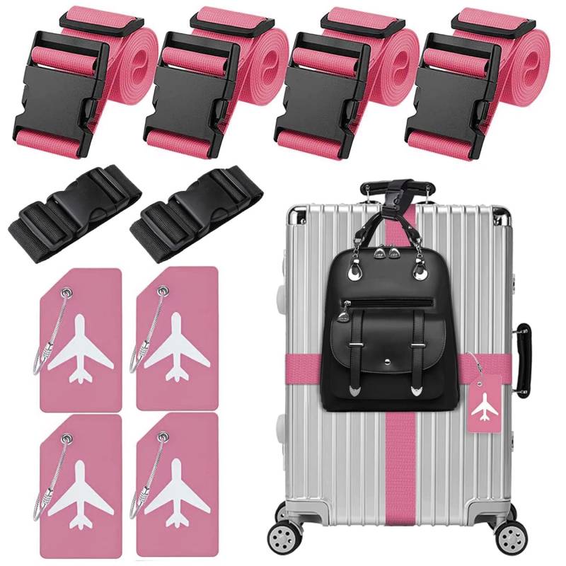 4 Stück Koffergurt & 4 Stück Kofferanhänger & 2 Stück Fügen Sie Eine Tasche Gepäckgurte Hinzu, Kofferband Gurt, Einstellbare Kofferbänder, Auffällig Luggage Strap für Koffer (Rosa) von Xummi