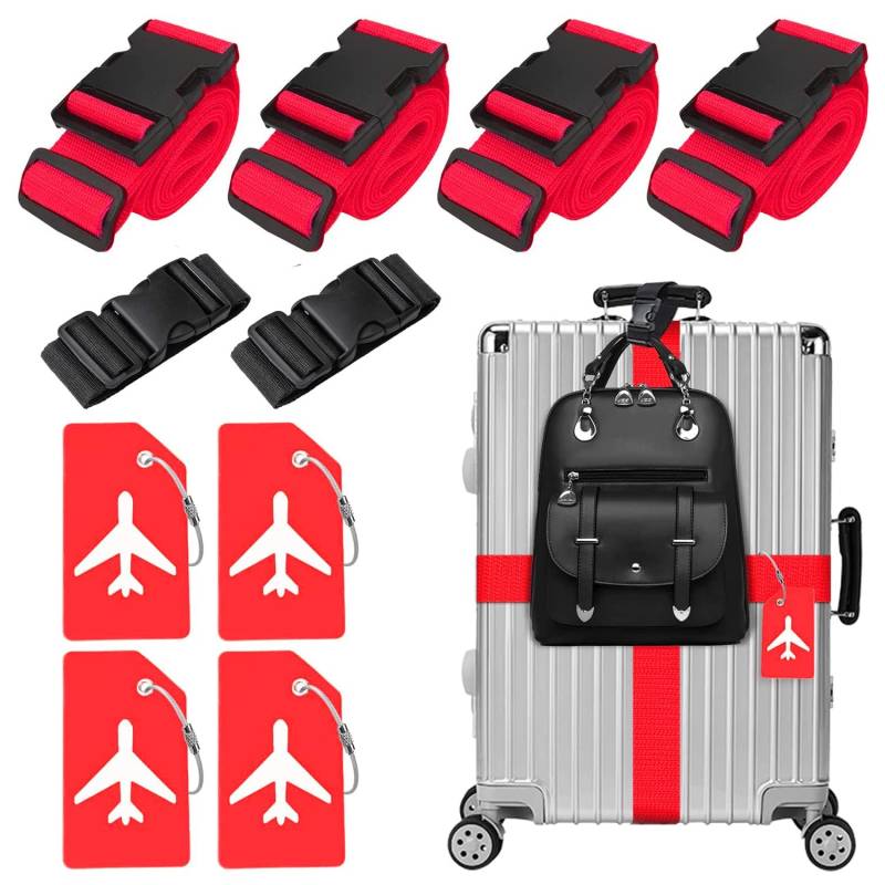 4 Stück Koffergurt & 4 Stück Kofferanhänger & 2 Stück Fügen Sie Eine Tasche Gepäckgurte Hinzu, Kofferband Gurt, Einstellbare Kofferbänder, Auffällig Luggage Strap für Koffer (Rot) von Xummi