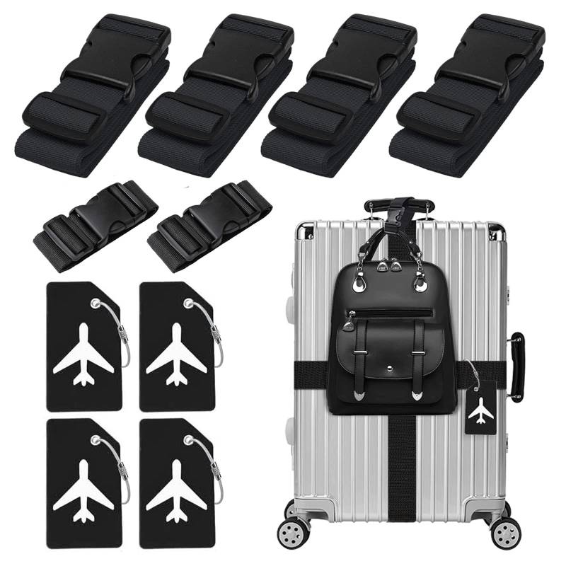 4 Stück Koffergurt & 4 Stück Kofferanhänger & 2 Stück Fügen Sie Eine Tasche Gepäckgurte Hinzu, Kofferband Gurt, Einstellbare Kofferbänder, Auffällig Luggage Strap für Koffer (Schwarz) von Xummi