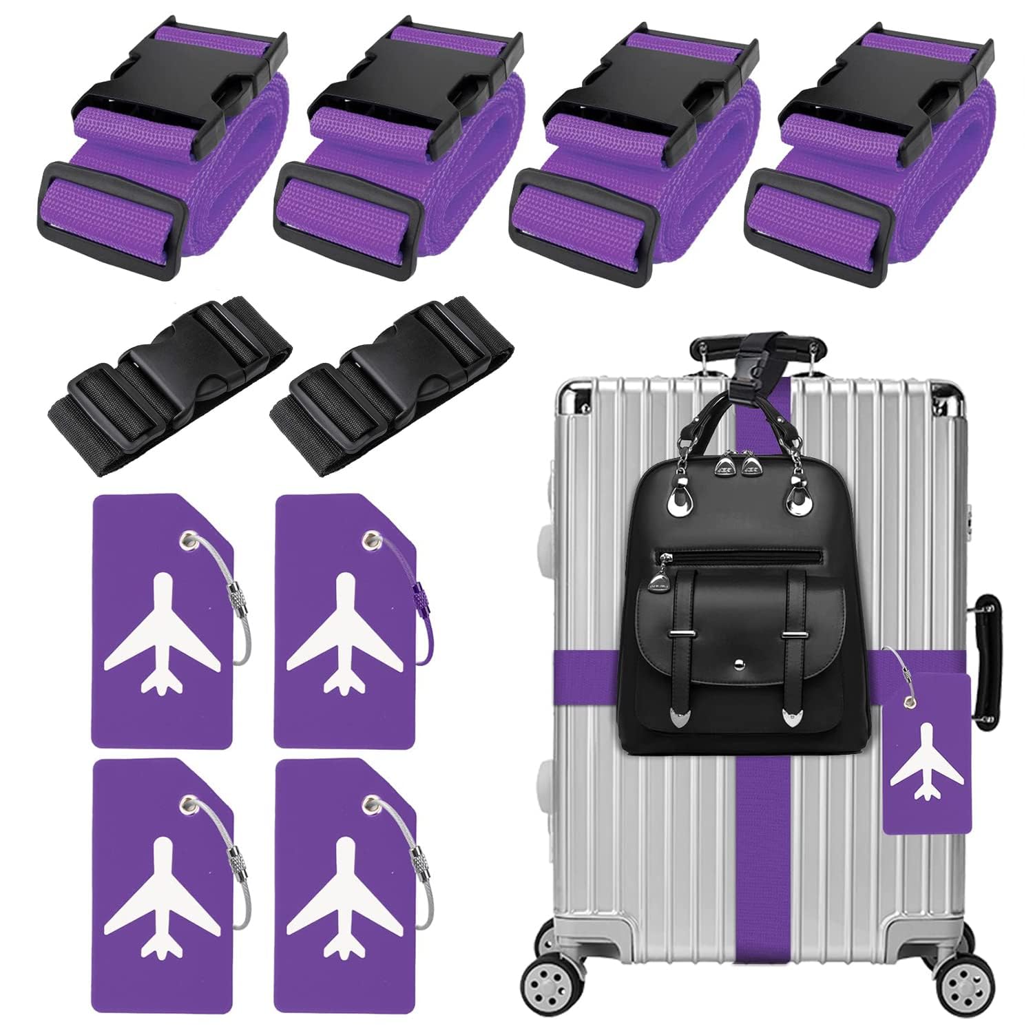 4 Stück Koffergurt & 4 Stück Kofferanhänger & 2 Stück Fügen Sie Eine Tasche Gepäckgurte Hinzu, Kofferband Gurt, Einstellbare Kofferbänder, Auffällig Luggage Strap für Koffer (Violett) von Xummi