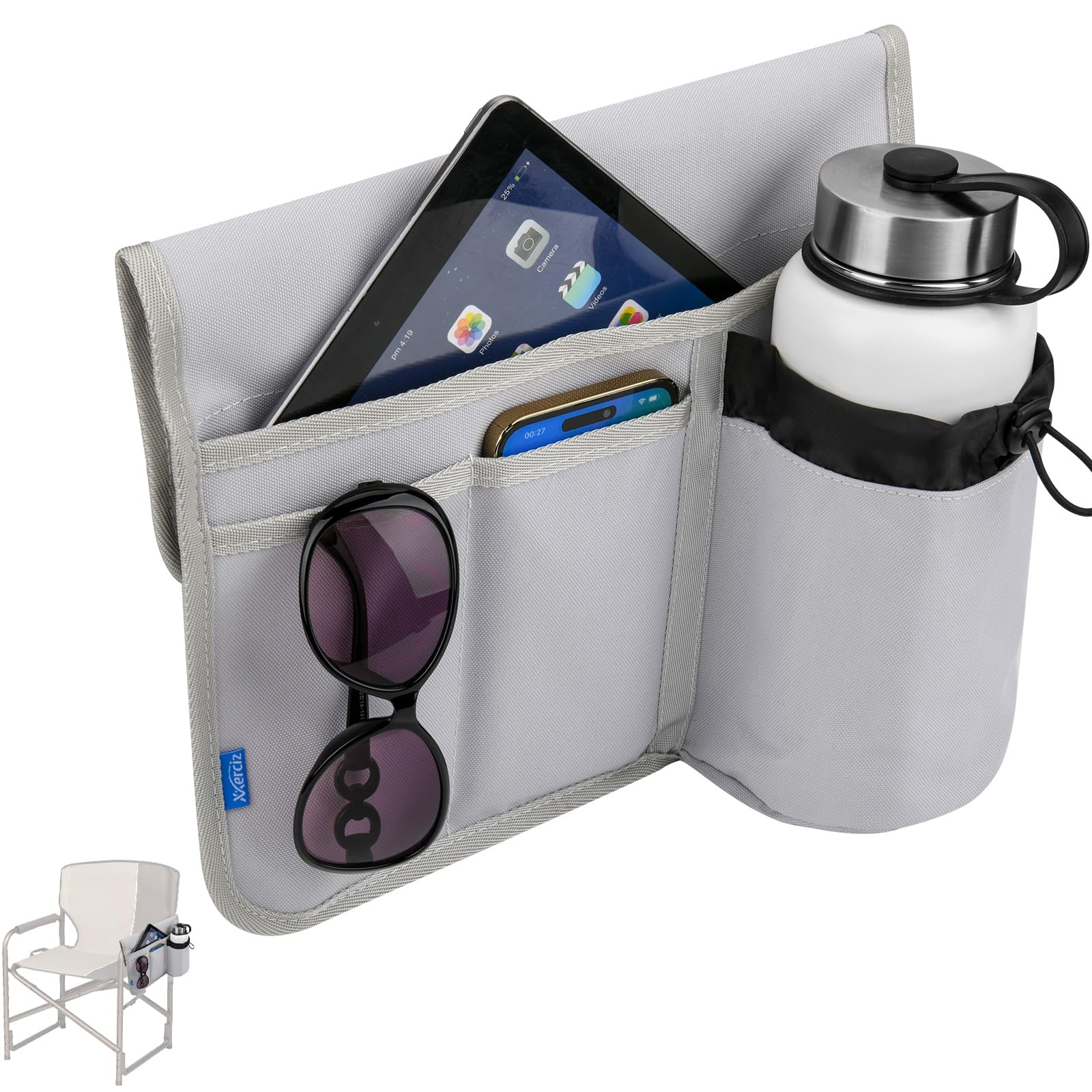 Xxerciz Strandkorb-Getränkehalter, Campingstuhl, Armlehne, Getränke-Organizer mit leicht befestigtem Klettband, universelles Stuhlzubehör für Wasserflasche, Sonnenbrille, Telefon, Tablet usw. (Grau) von Xxerciz