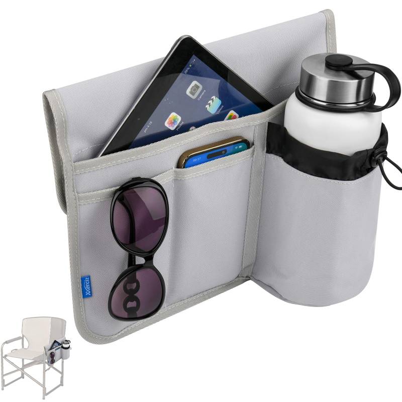 Xxerciz Strandkorb-Getränkehalter, Campingstuhl, Armlehne, Getränke-Organizer mit leicht befestigtem Klettband, universelles Stuhlzubehör für Wasserflasche, Sonnenbrille, Telefon, Tablet usw. (Grau) von Xxerciz