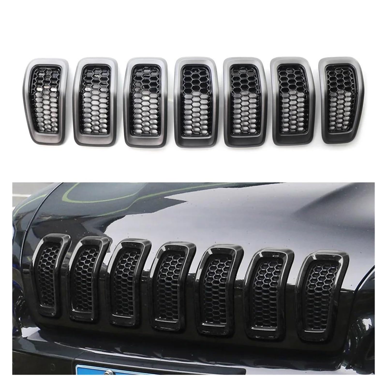 Kühlergrill Für Jeep Für Cherokee 2014 2015 2016 2017 2018 7 Stücke ABS Auto Kühlergrill Wabeneinsätze Grillabdeckung Trim Auto Frontgrill(Bright Black) von Xxiucj