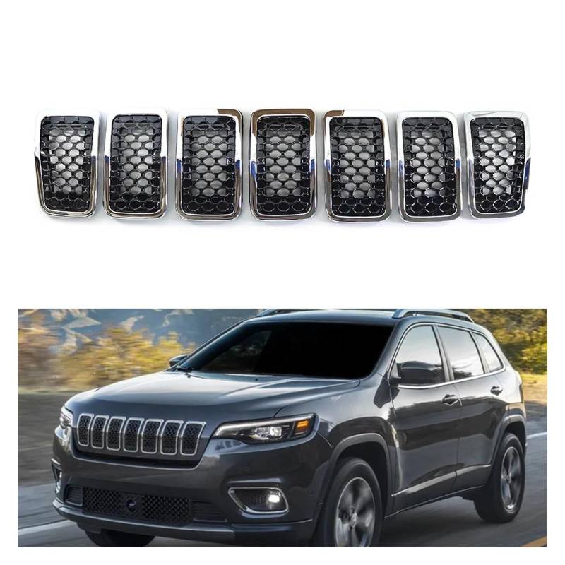 Kühlergrill Für Jeep Für Cherokee 2019 2020 2021 2022 7Pcs Glänzend Schwarz/Chrom Auto Vorderen Stoßfänger Niere Mesh Grille Auto Frontgrill(Chrome Black) von Xxiucj