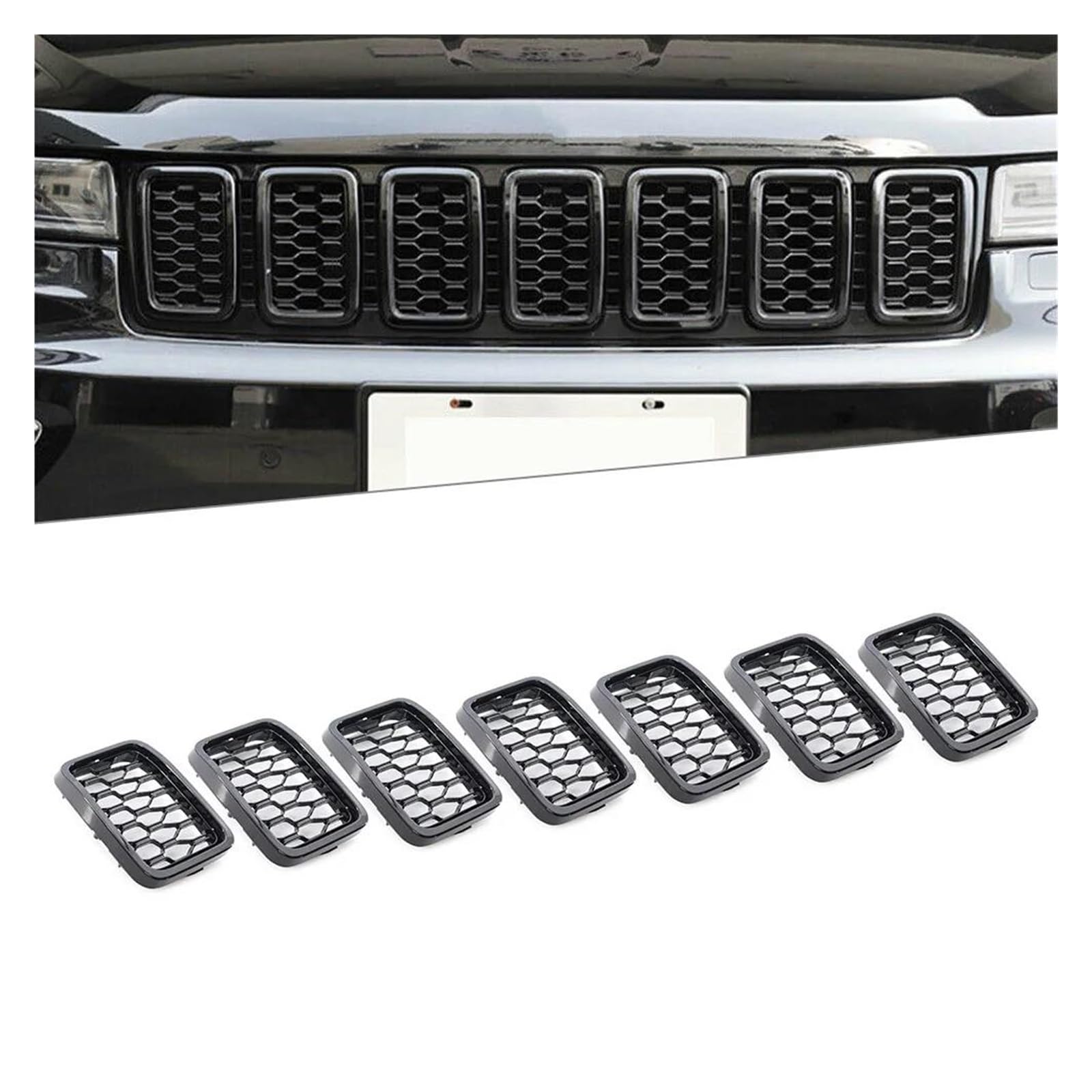 Kühlergrill Für Jeep Für Grand Für Cherokee 2017 2018 2019 2020 2021 68317863AA 7Pcs Auto Kühlergrill Honeycomb Mesh Einfügen Abdeckung Trim Auto Frontgrill(Glossy Black) von Xxiucj