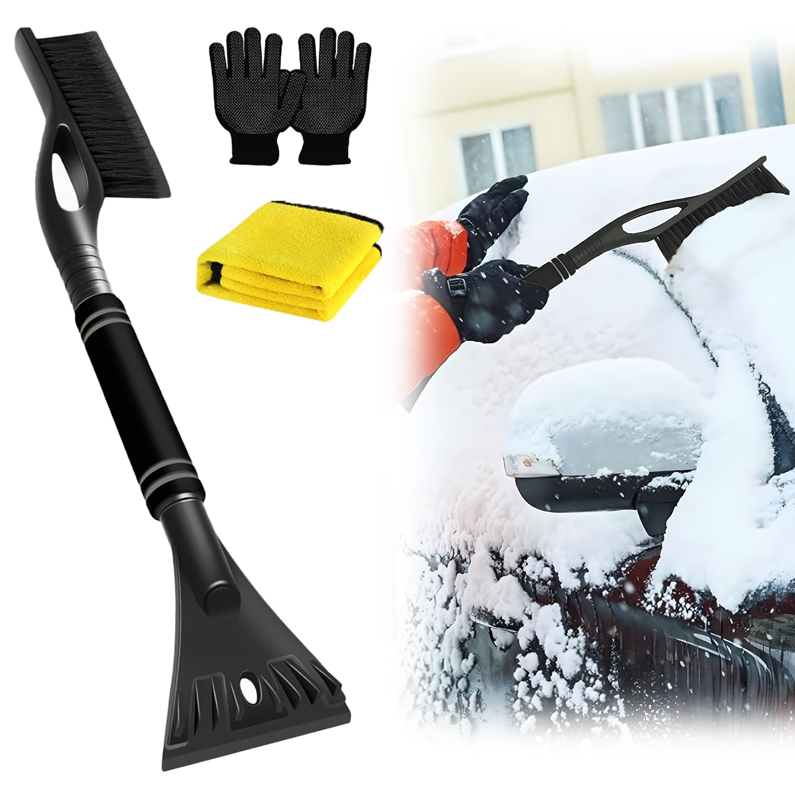 YALiya Eiskratzer Auto mit Besen, Scheibenkratzer Auto 2 in 1, Schneebesen mit Handtücher und Handschuhe, Ergonomisch Auto Zubehör Winter, für Schneeräumung, Eisschaufeln, Frostkratzen, Glasreinigung von YALiya