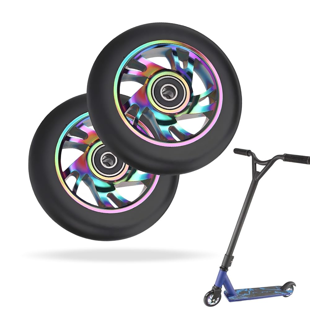 YANGUN Stunt Scooter Rollen, 2 PCS Scooter Ersatzräder 88A mit ABEC-9 Lager Aluminium Speichenkern, Ersatzräder für Stunt Scooter 100mm, Scooter Räder Kompatibel für Meisten Stuntscooter & Kickscooter von YANGUN