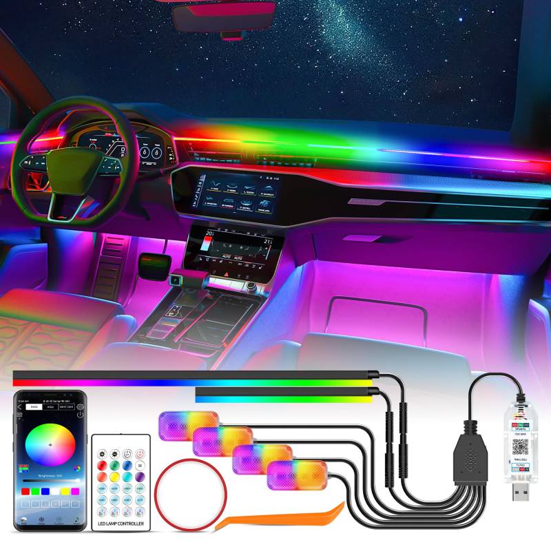 YAOBLUESEA Auto Innenbeleuchtung LED USB, RGBIC RGB 5V Regenbogen-Umgebungslichtern Atmosphärenlicht mit 4 Fußraumbeleuchtung, Steuerung per Fernbedienung USB APP, Ambientebeleuchtung Musik Strip von YAOBLUESEA