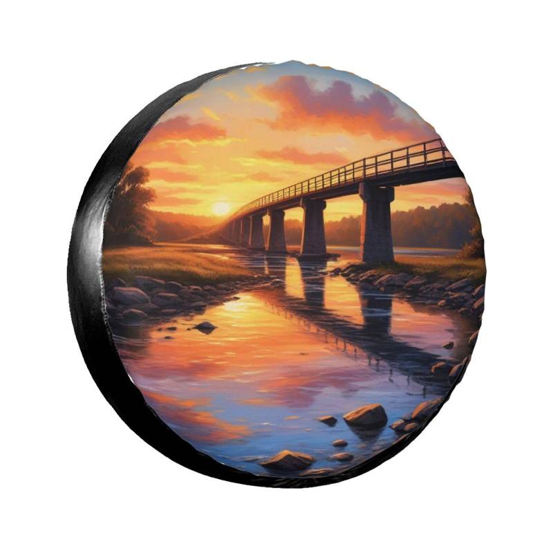 Lustige Brücke Sonnenuntergang Fluss Landschaft Gedruckt Ersatzreifen Abdeckung, Universal Wasserdicht Rad Reifen Schutzhülle Fit RV JP Wohnmobil Truck von YBAOFU