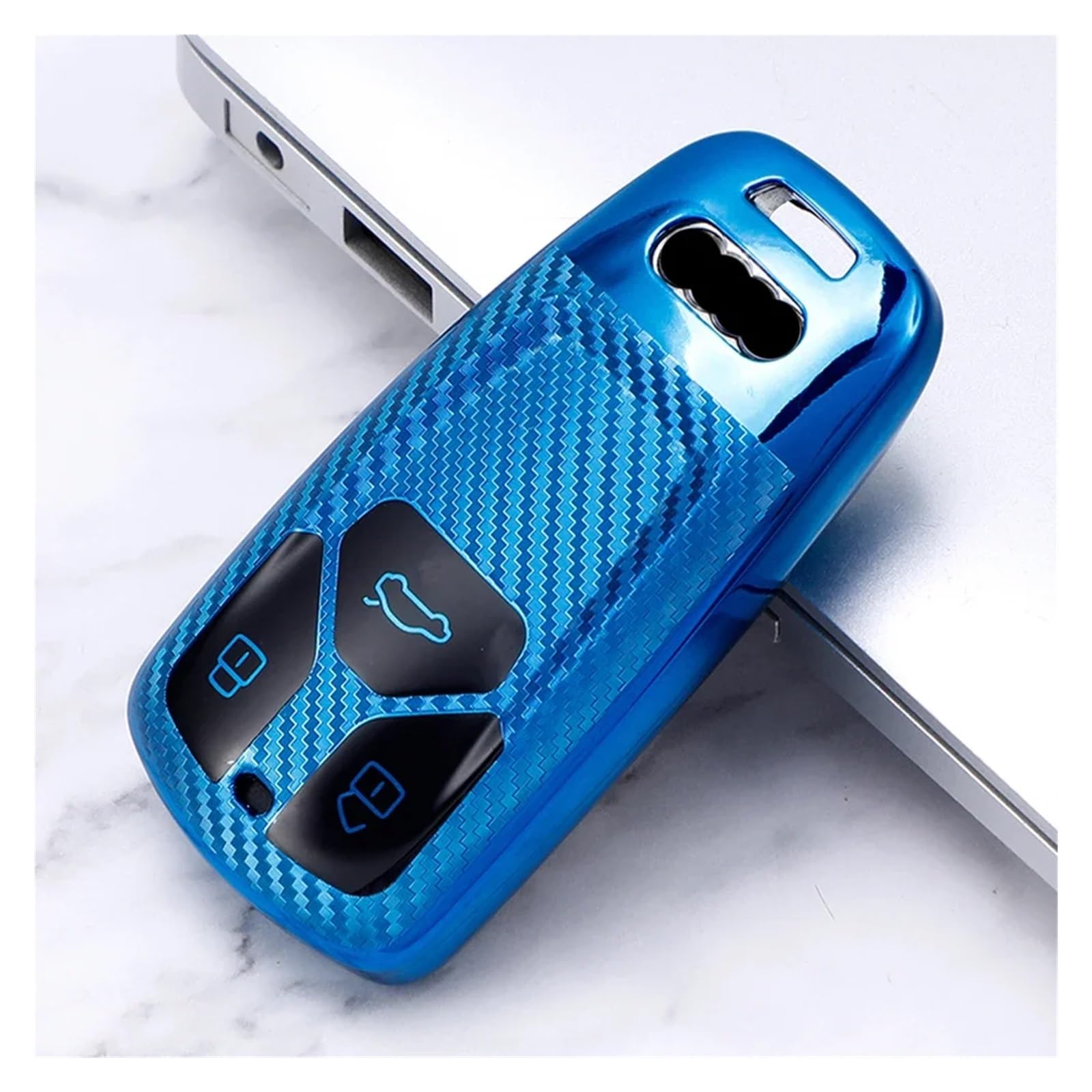 Autoschlüssel Gehäuse Für A4 B9 Q5 Q7 TT TTS 8S Schlüsselschutz Zubehör TPU Carbon Fiber Car Remote Key Case Cover Halter Schlüsselanhänger Ring(Blue Key case) von YBCVEPQ