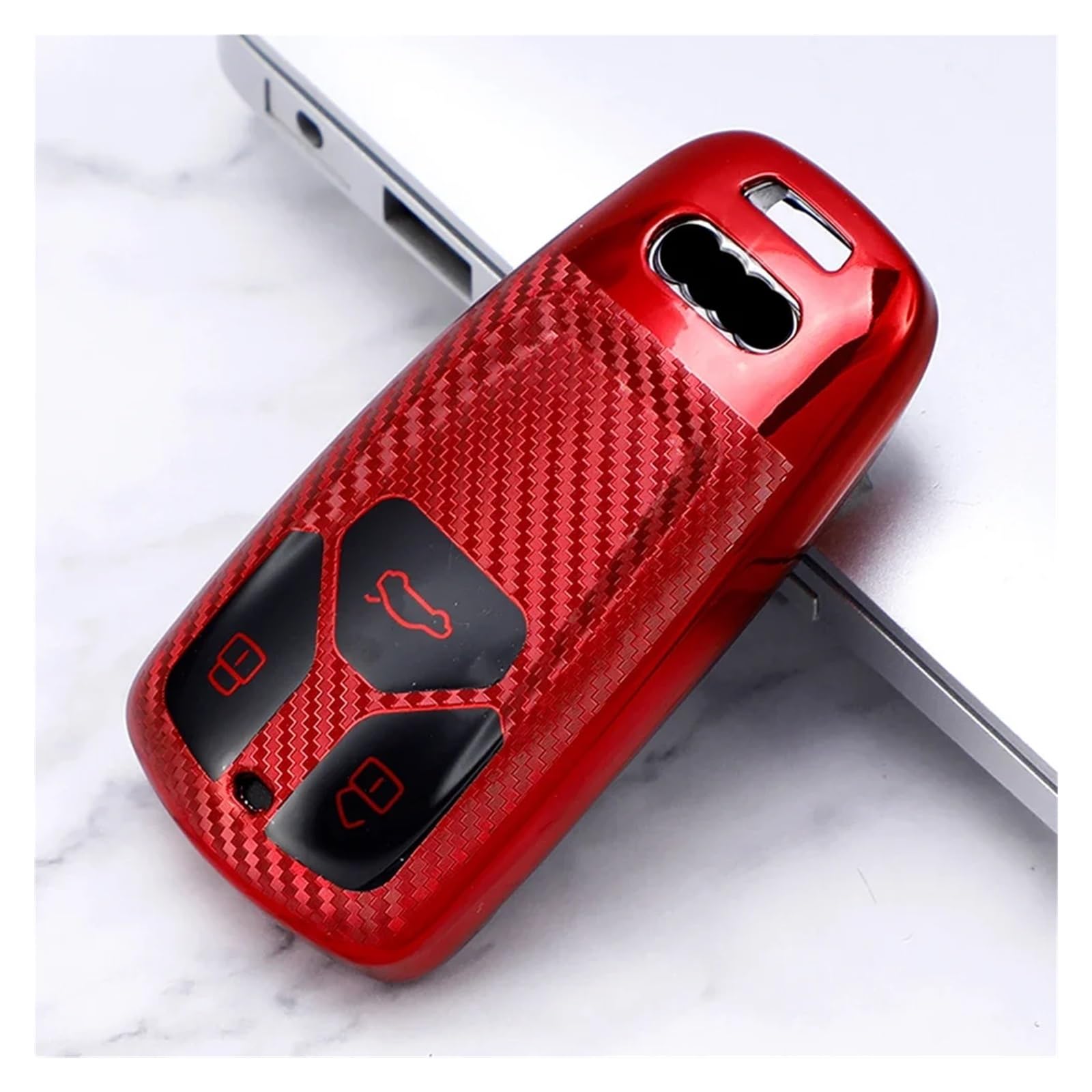 Autoschlüssel Gehäuse Für A4 B9 Q5 Q7 TT TTS 8S Schlüsselschutz Zubehör TPU Carbon Fiber Car Remote Key Case Cover Halter Schlüsselanhänger Ring(Red Key case) von YBCVEPQ