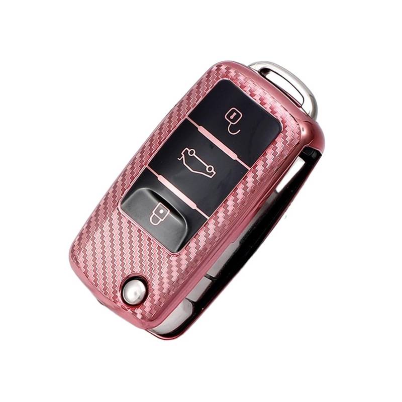 Autoschlüssel Gehäuse Für VW Polo Tiguan Passat Golf Jetta Lavida Skoda Octavia Carbon Faser Auto Schlüssel Fall Volle Abdeckung Schutz Shell Tasche(Pink) von YBCVEPQ